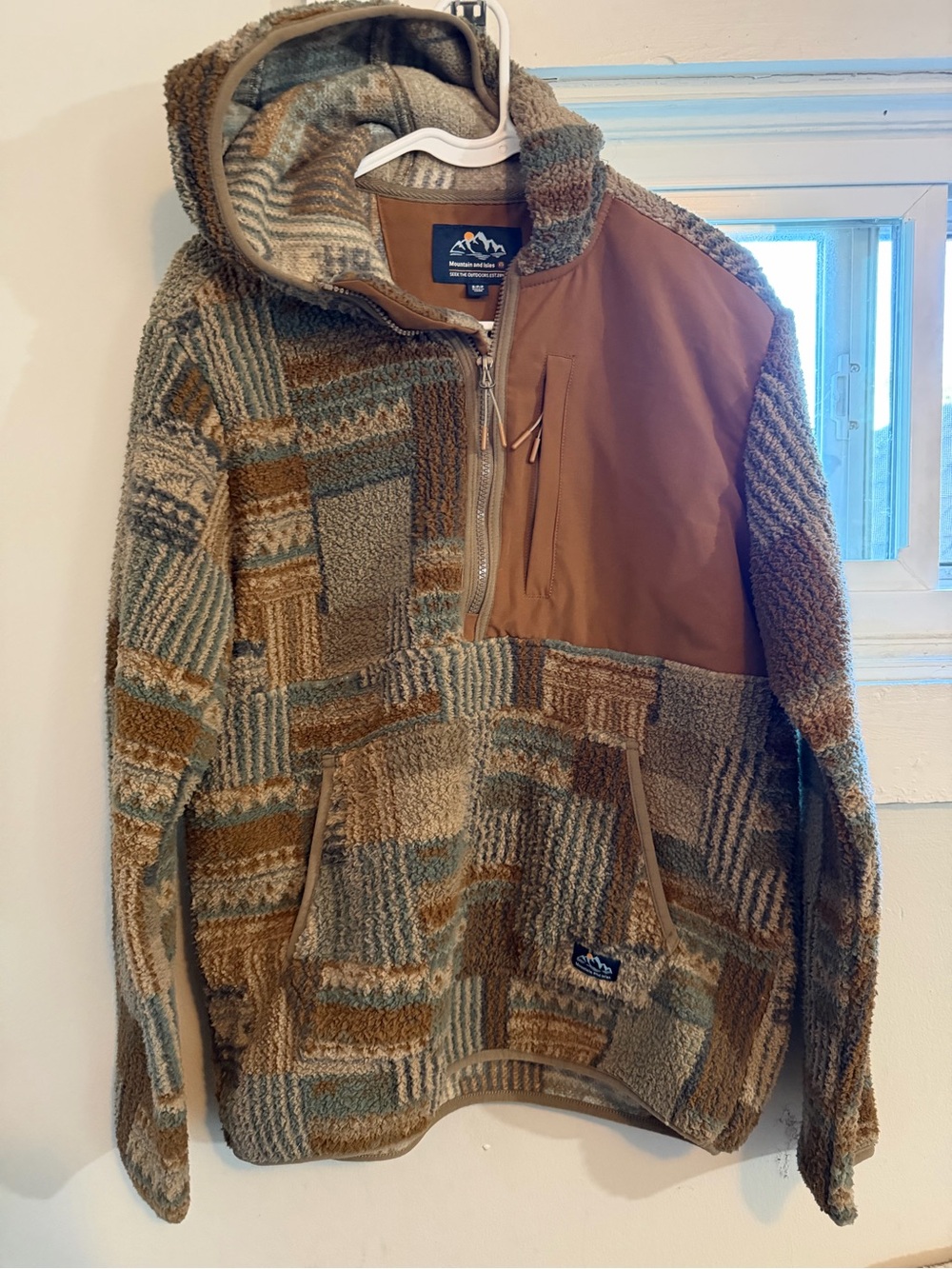 Patchwork Sherpa Hooded Pullover Sweater - Brown/Green